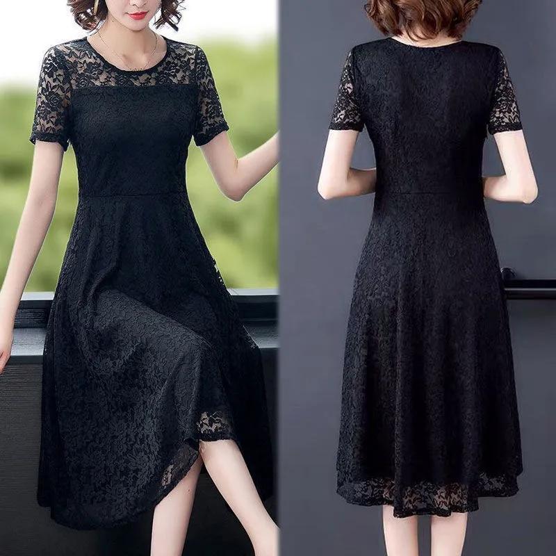 Sexy Lace Dress Women's Short Sleeve Summer Mid Length Dress Ladies Style Slim Dress Solid Color Casual Dress