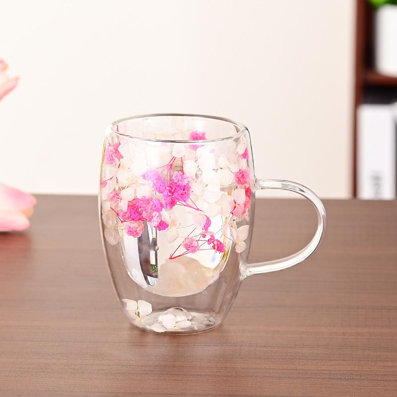 

Высокоборосиликатное термостойкое двухслойное прозрачное стекло с настоящими цветами, теплоизоляционная простая сувенирная чашка с песком, чашка для сока, чашка для кофе cross-border pearl cotton packaging 250ml