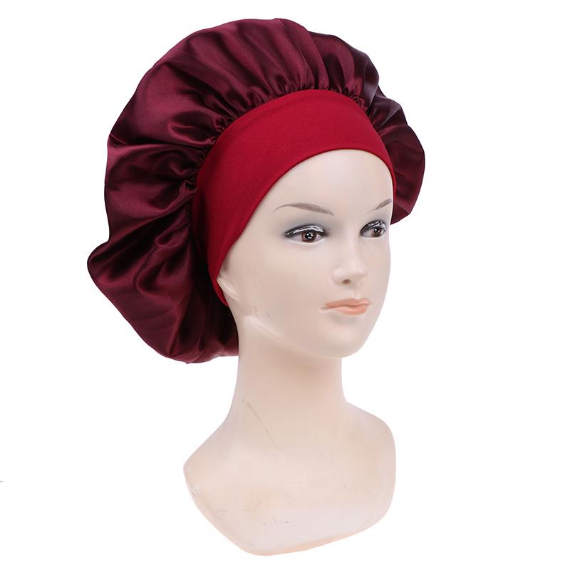 58Cm Solid Color Women Satin Bonnet Cap Night Sleep Hat Adjust Shower Caps