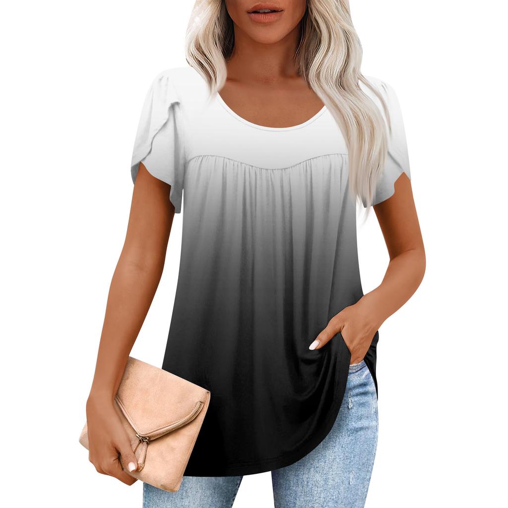 Damen Sommer Tops Casual Rüschen Kurzarm Rundhalsausschnitt Lose Plissee T Shirts