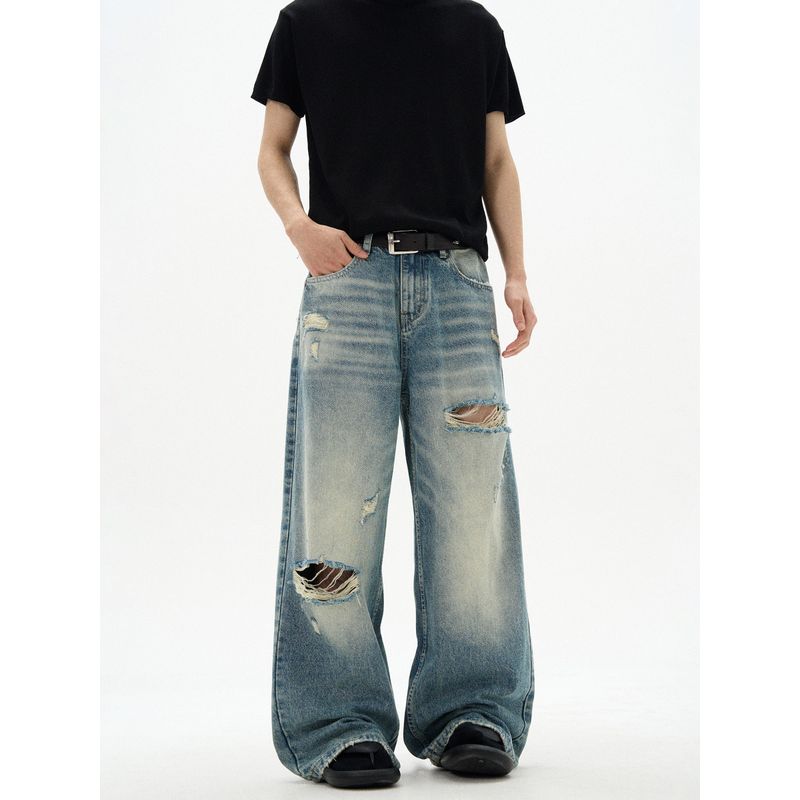 Kisko American Retro Distressed Whiskered Washed Loose Jeans for Men and Women, New Summer Style with Drape Effect