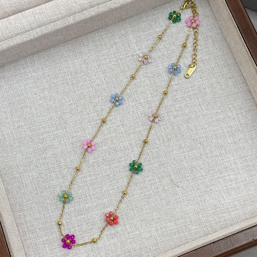 Vintage Color Flower Beaded Titanium Steel Necklace Female Dopamine Girl Small Flower Choker Collarbone Chain Bracelet Set