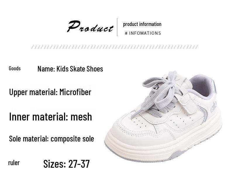 Children's Versatile Velcro Skate Shoes - Soft Sole, Fashionable, for Boys & Girls, White, Spring/Autumn 2026