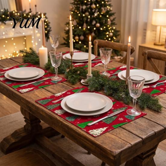 Holiday Party Supplies 4Pcs Christmas Linen Placemat Set, Cartoon Snowman Gingerbread Gnome Table Heat Insulation Pads Mat, Resistant Place