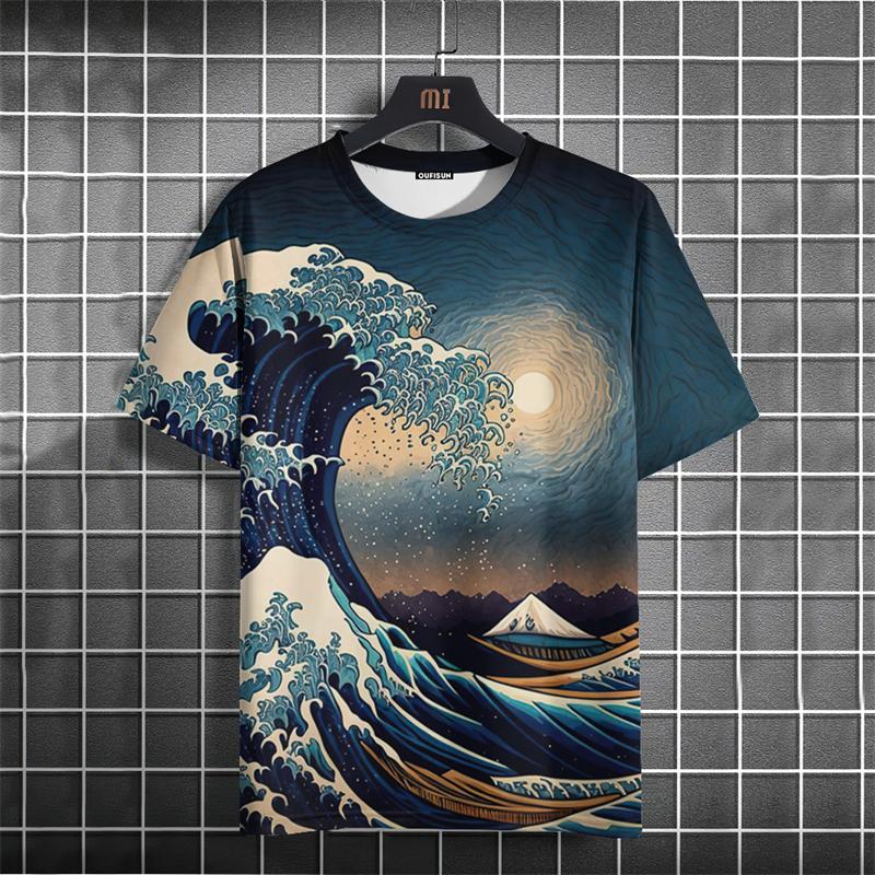 Modisches Ukiyo-e-Muster Herren-T-Shirt Sommermode Kurzarm 3D-bedrucktes T-Shirt