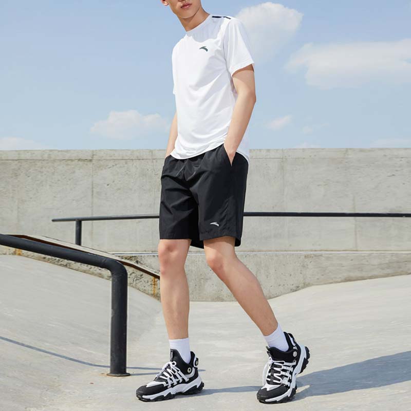 Anta Solid Color Logo Print Elastic Waist Straight Leg Sport Shorts Men Bottoms Black 952327503-4