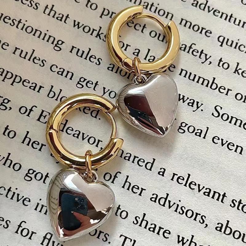 Statement Minimalist Gold  Color Mixed Metal Heart Pendant Hoop Earrings Street Style Korean Female Fashion Jewelry Gifts