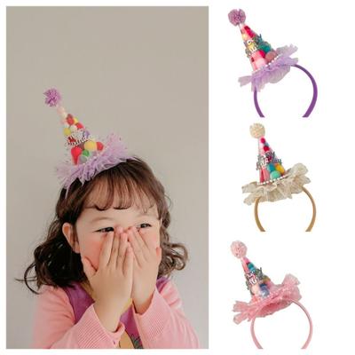 Candy Ball Birthday Hat Headband Multicolor Lace Mesh Hair Hoop Gift Happy Birthday Hairband  Baby