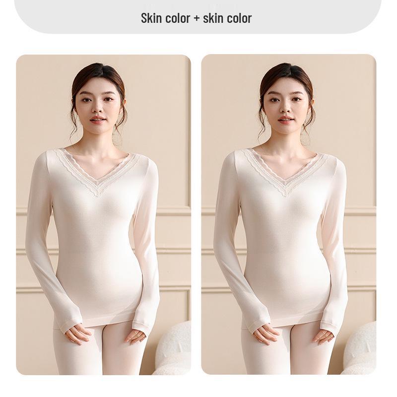 Women's Lace V-Neck Thermal Underwear Set - Slimming, Shaping, Heat-Generating Cotton