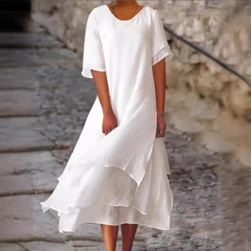 YYFS Moda Donna Estate Primavera Colore Solido Stampa Manica Corta Scollo a O Vita Larga Abiti Casual