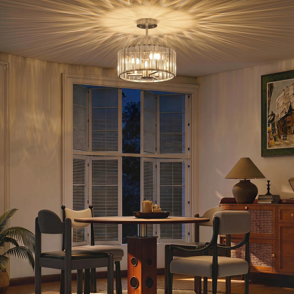 Semi Flush Mount Modern Crystal Chandelier Ceiling Light, Crystal Ceiling Light Fixture with E14 Base, Silver Tone