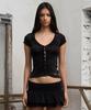 Iwaiial V-Neck Shirring Button Short Sleeve Top - Black