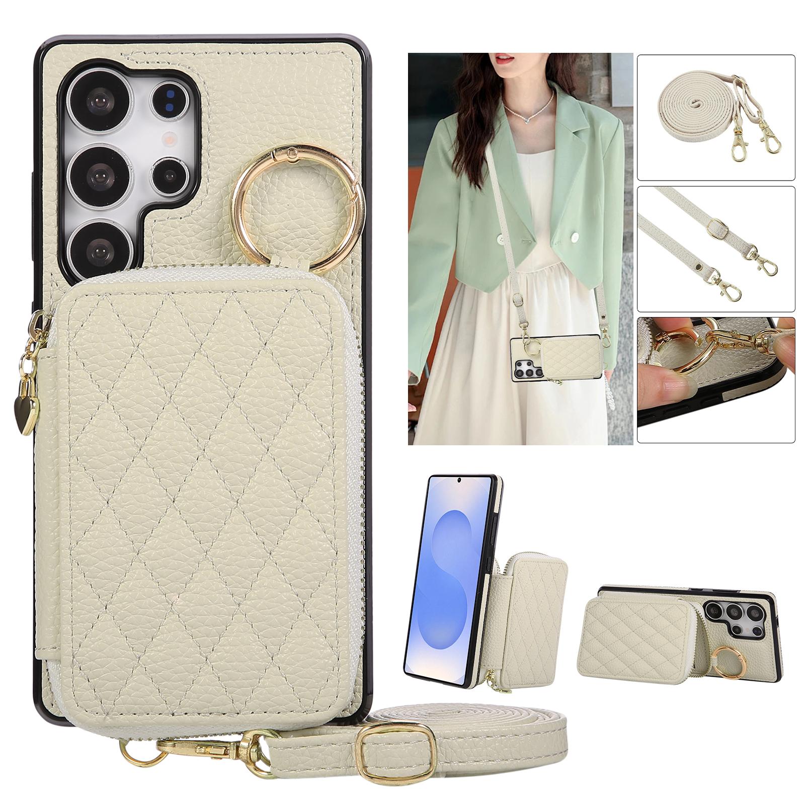 

Crossbody Zipper Cards Solt Wallet Flip Leather Case For Samsung S26 Ultra S25 Plus S24 A26 A17 A07 Long Lanyard Bag Book Cover Galaxy S22 5G бежевый