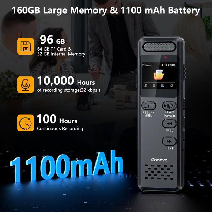 Enregistreur Vocal Numérique 95GB Ponovo, Dictaphone Vocale avec Microphone Externe, Portable &amp; Sécurisé