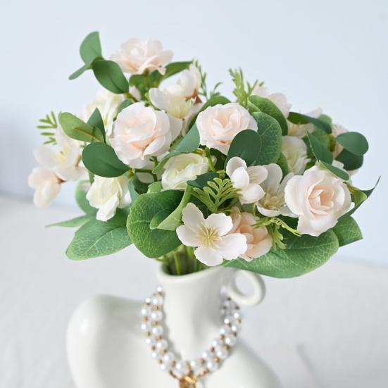 Artificial Rose Bouquet Fake Flowers with Eucalyptus Leaves Plastic Floral Arrangement for Wedding Bridal Bouquets Home Party Table Centerpiece