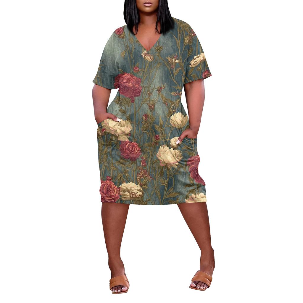 Summer Plus Size V Neck Short Sleeve Knee Pocket Print Casual Dress For Women