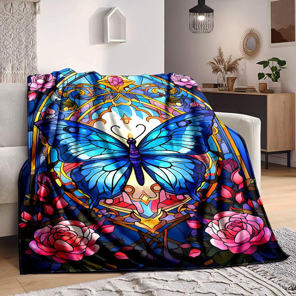 1pc Butterfly StainedGlass Lightweight Flannel Blanket, Comfortable and Warm Blanket, for Office and Camping Sofa Bed, Livingroom171