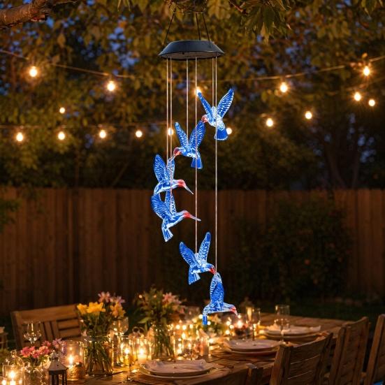 Hummingbird Solar Wind Chime Light, Color Changing Solar Powered Wind Chime, Hanging LED Wind Chime Lamp for Outdoor, Garden, Courtyard Decor