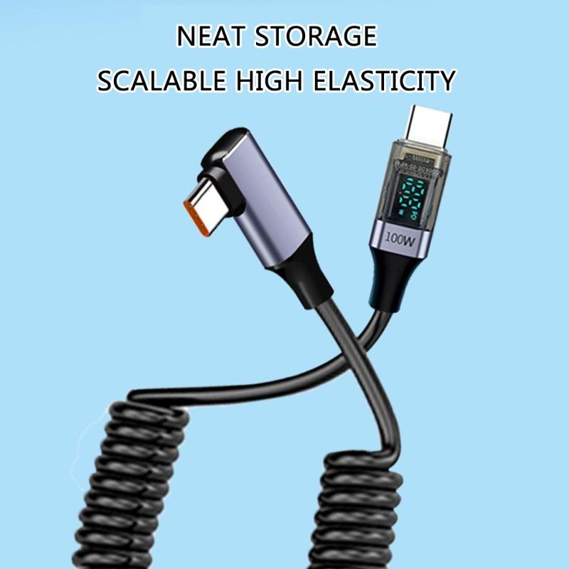 USB Typ C Federdatenkabel 90-Grad-Winkelstück PD100W Schnellladekabel mit Digitalanzeige für Laptops Tablets Telefone