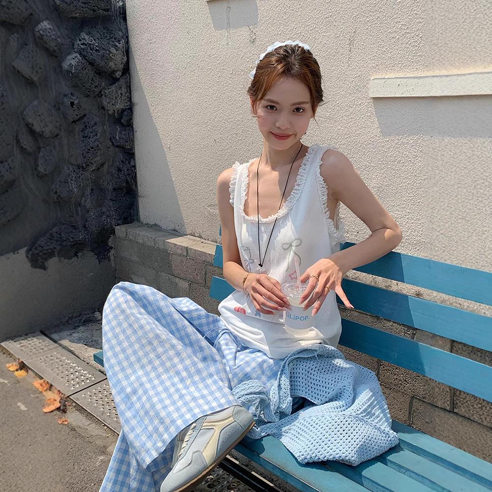 Song Zhengen Women’s High Waist Light Blue Plaid Wide-Leg Summer Pants