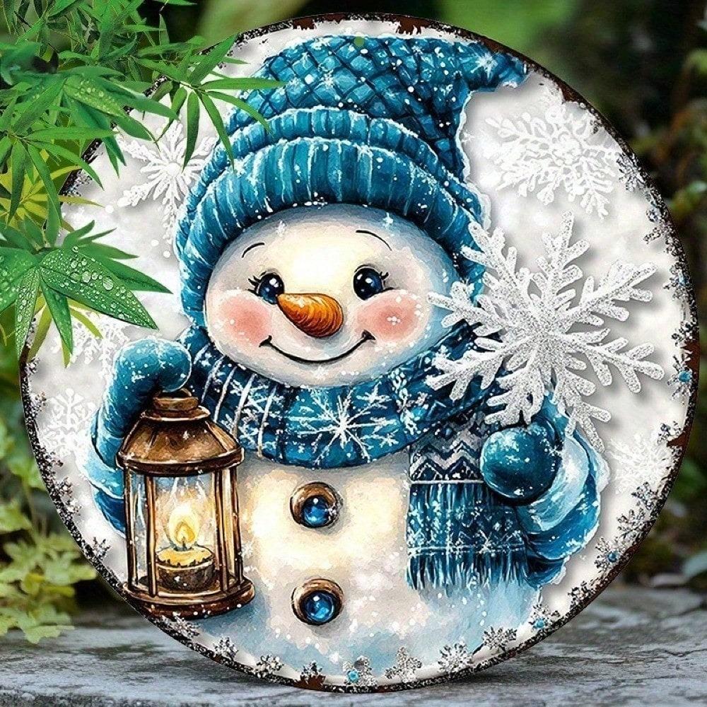 8INCH Round Snowman Metal Sign Pre Drilled Waterproof Holiday Wall Art For Home Coffee Shop