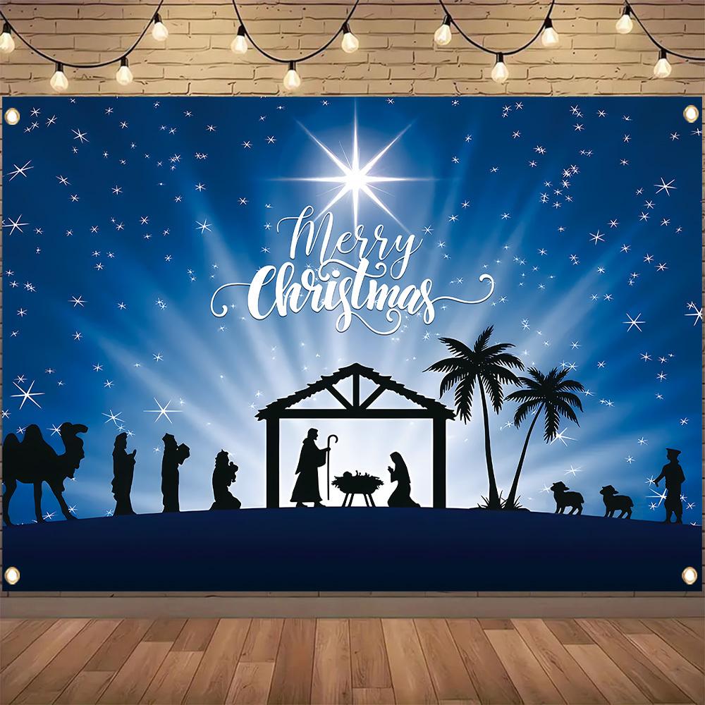 1pc Merry Christmas Nativity Scene Polyester Banner Starry Blue Night Sky Design Winter Holiday Party and Home Wall Decoration