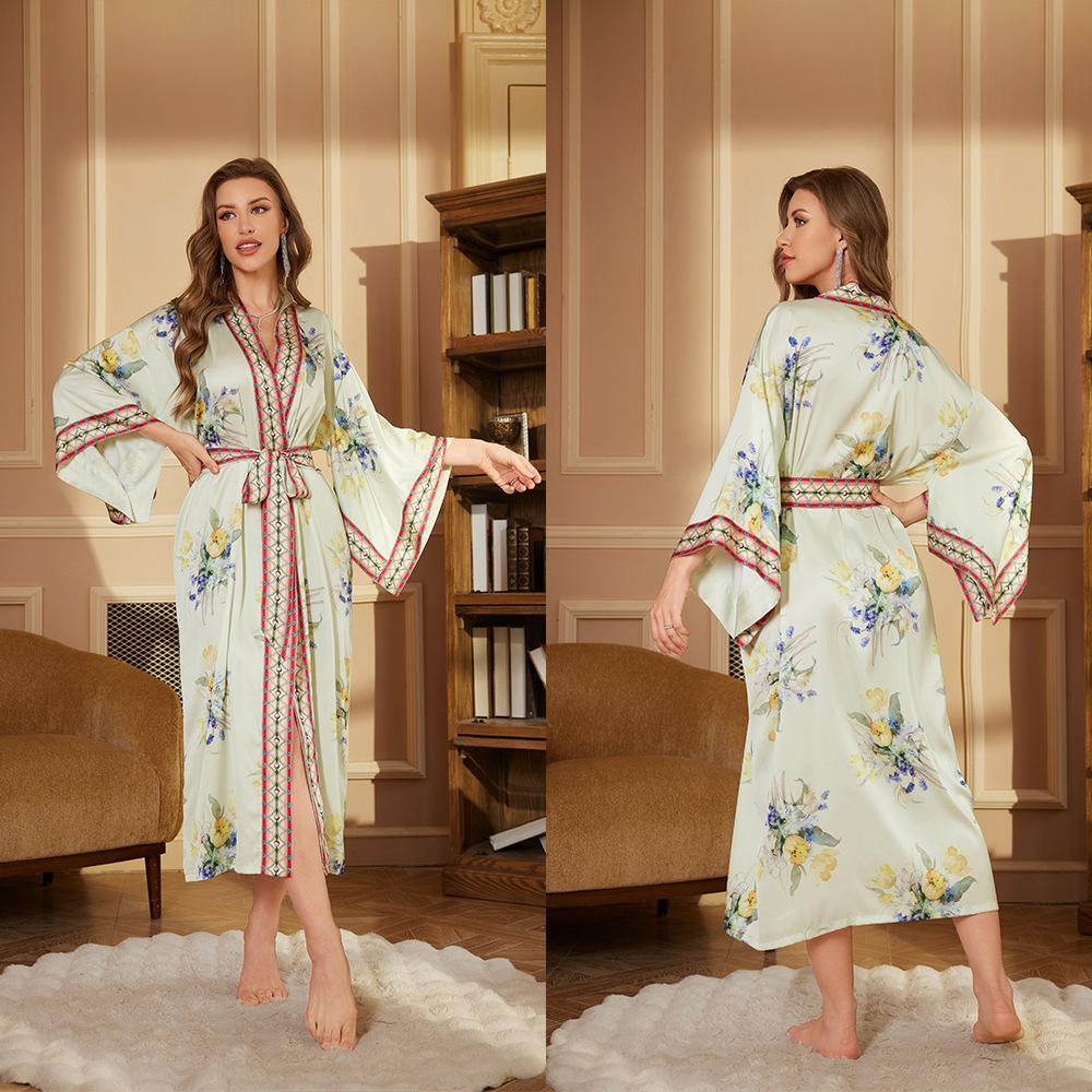 Pajama Women's Spring and Autumn Morning Robe Long Sleeved Robe Bathrobe Women's High-end Satin Nightgown Collection