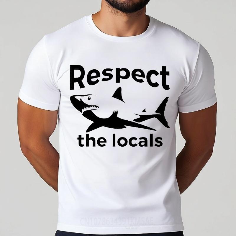 Mens Tshirt Cotton Shirt Unisex Summer Unisex T Shirt Respect The Locals Shark Design Short Sleeve Workout Round Neck Tops