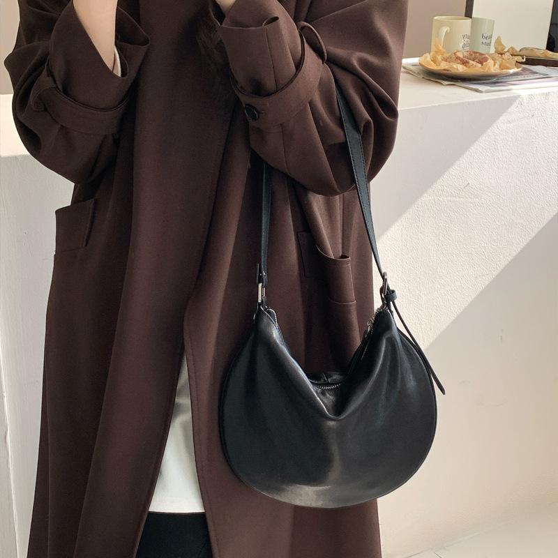 Niche Plant Tanned Soft Sheepskin Saddle Bag Minimalist Style Half Round Shoulder Bag Women's Vintage Genuine Leather Crossbody Bag