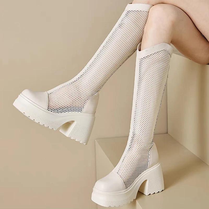 Fashion Sexy Mesh Hollow Boots Woman Summer 2025 Solid Size Zipper Mid-Calf Boots for Women Fashion Round Toe Platform Shoes Lady