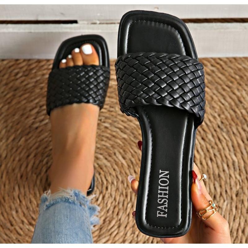 

Fashion New Women s Slippers Summer Selling Sexy Braided Red Square Toe Flat Flip-Flops Fashion Beach Mules Casual Indoor Home Slippers 35 чёрный