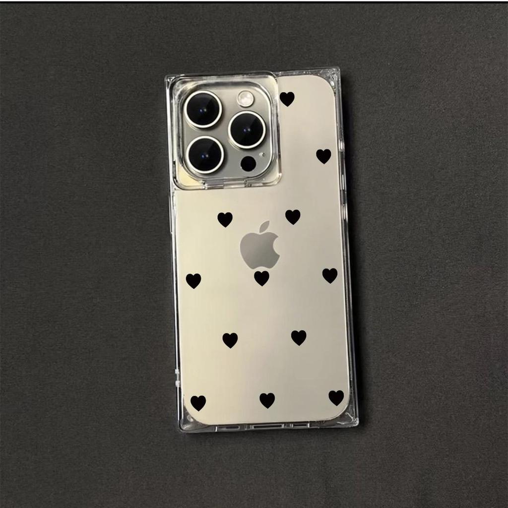 Square Back Tube Protection Clear Case For iPhone 15 Plus 16 ProMax 11 12 14 Pro Max 13 Anti-Oxygen,Black Love Pattern Casing