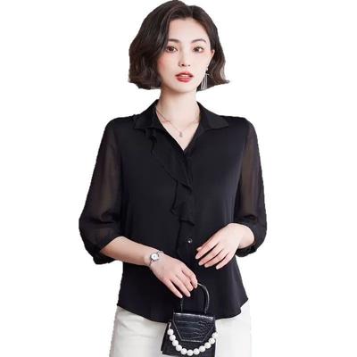 Satin Shirt for Women 2025 New Fashion Quarter Sleeve Shirt Chiffon Shirt Top