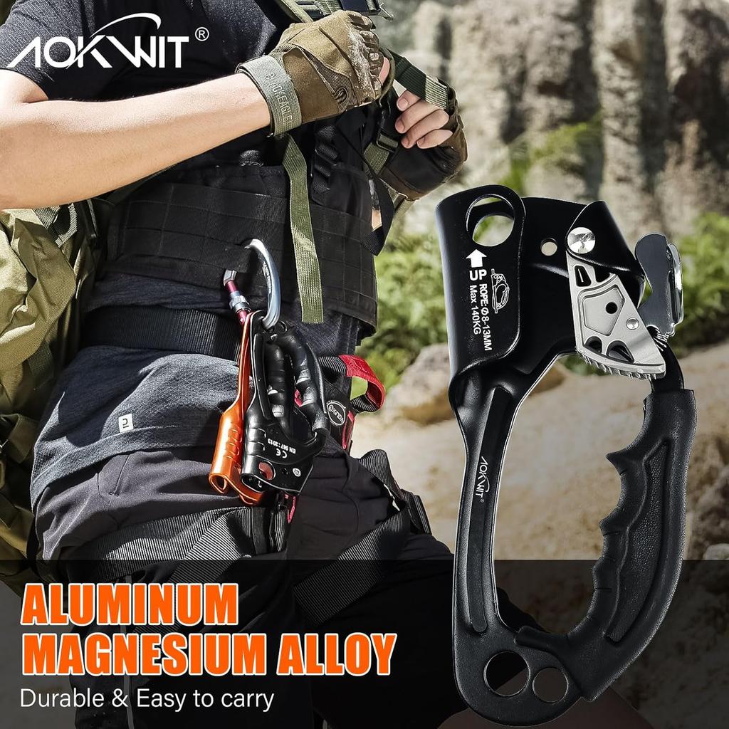 Hand Ascender High strength aluminum Alloy Climbing Ascender with Ergonomic Rubber Handle Strong Rappelling Gear Equipment for Rock Climbing Tree