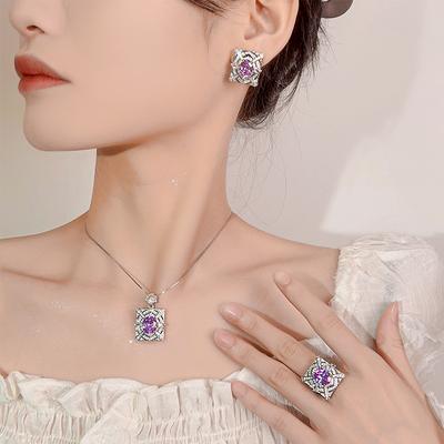 Joias Femininas Premium Colar Anel Brincos Joias Cor Tesouro Roxo Conjunto Incrustado Luxo Leve