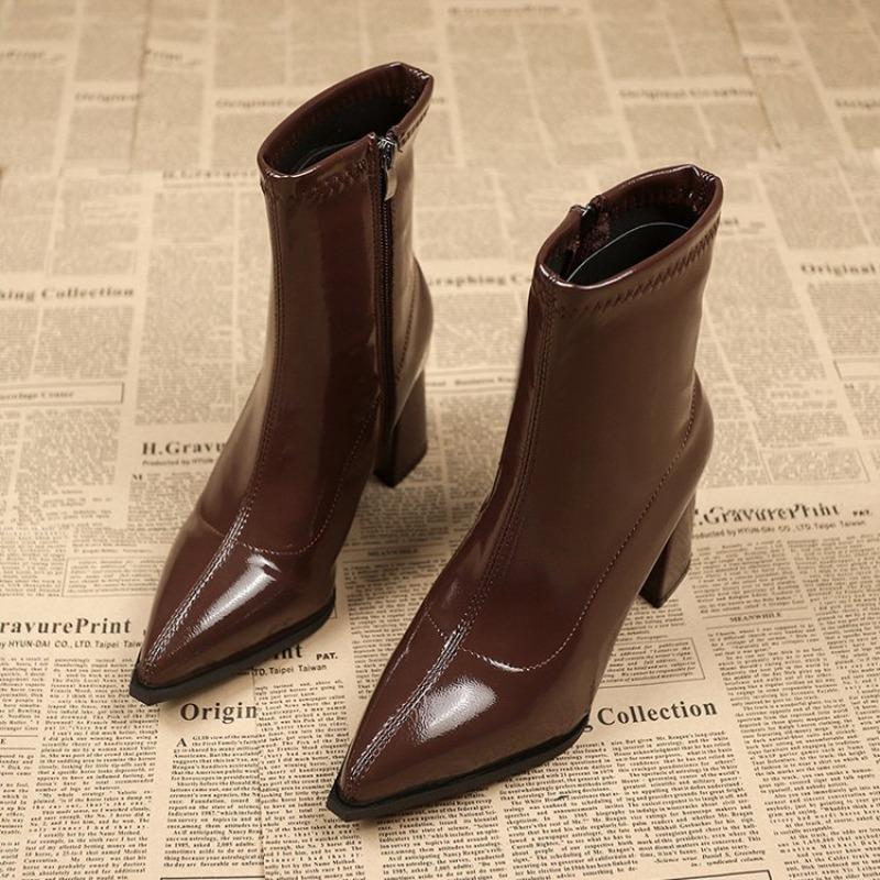 New Plus-size Shoes Pointed-toe Thick-heeled Short Ankle Boots Women's High Heels and Ankle Boots