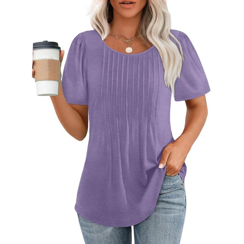 Lockeres neues plissiertes Rundhals-Kurzarmhemd Damen Oberteil, Gestreift Uni Farbe Damenbekleidung