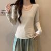 Basic Right-shoulder Long-sleeved T-shirt for Women In Autumn New Style Large Neckline Exposed Collarbone Bottoming Shirt Slim Fit Pure Cotton Top
