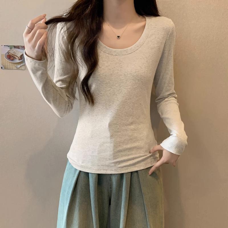 Basic Right-shoulder Long-sleeved T-shirt for Women In Autumn New Style Large Neckline Exposed Collarbone Bottoming Shirt Slim Fit Pure Cotton Top
