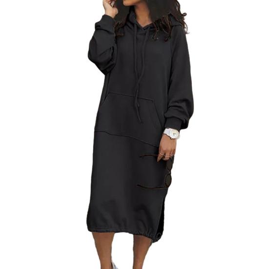 Women's Hooded Long-sleeved Sweatshirt Dress Front Sleeve Side Cleft Lined Sweatshirt Dress