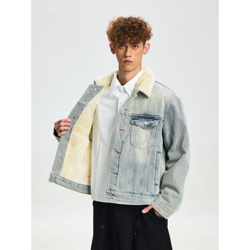 Cabbage Coke American Retro Autumn and Winter Fur Collar Denim Jacket with Fleece Lining, Warm Loose Fit Cleanfit Coat for Men