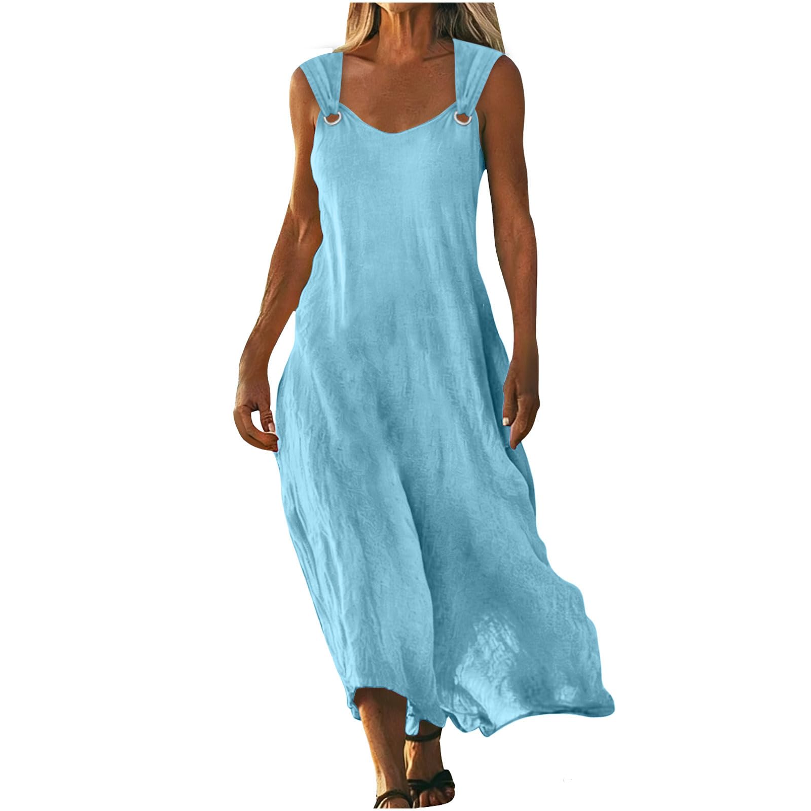 Women Casual Summer Color Tank Sleeveless Dress Hollow Out Loose Beach Dress L синий
