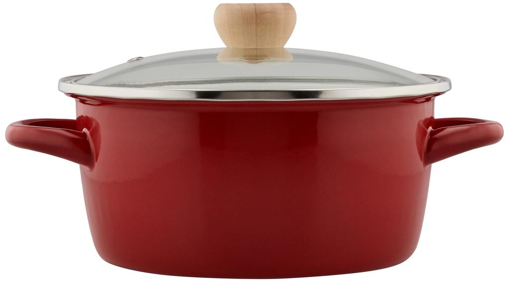 Bestco Glossy 20cm Enamel Casserole with Glass Lid, Induction Cooking Compatible, Red, ND-4443