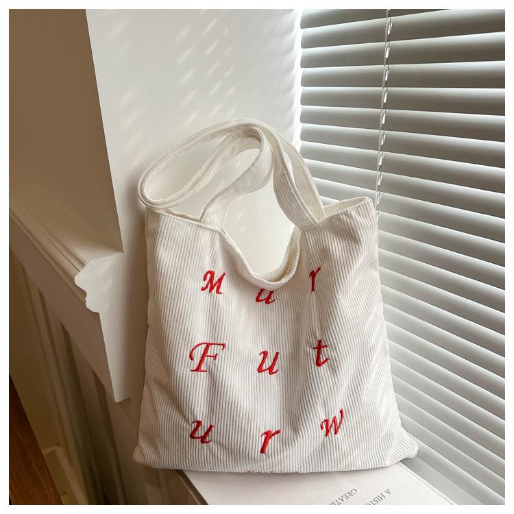 Korean Corduroy Embroidered Tote Bag for Students - Artistic Autumn/Winter Design