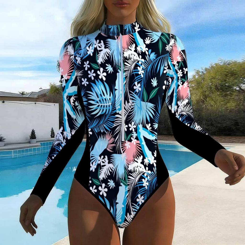 Women Long Sleeve One Piece Swimsuit Zip Front Gradient Ink Splashing Print Rash Guard Surfing Bathing Suit