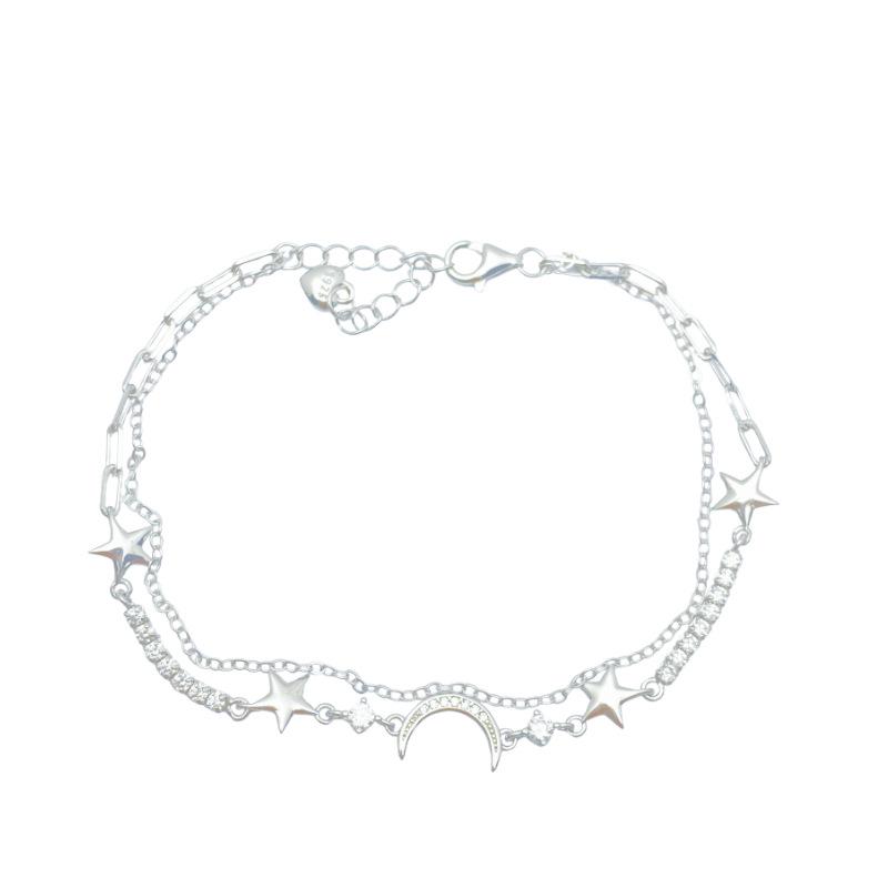 S925 Sterling Silver Star & Moon Double Layer Bracelet - Elegant, High-End Gift for Women