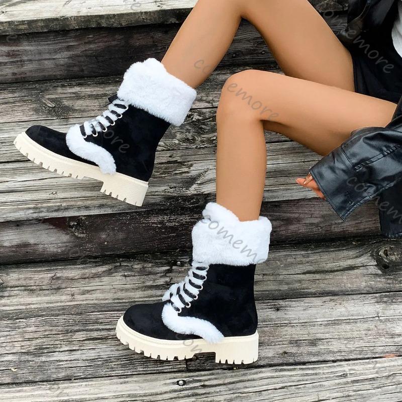 Comemore Thicken Plush Snow Boots for Women Winter Fur Platform Woman Mid-calf Lace-up Snow Boots Plush Casual Cotton Shoes