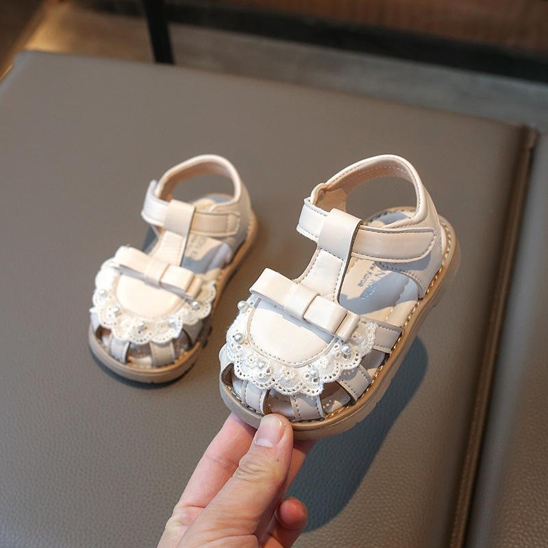 Kids Lace Pearl Decor Closed-Toe Sandals 21