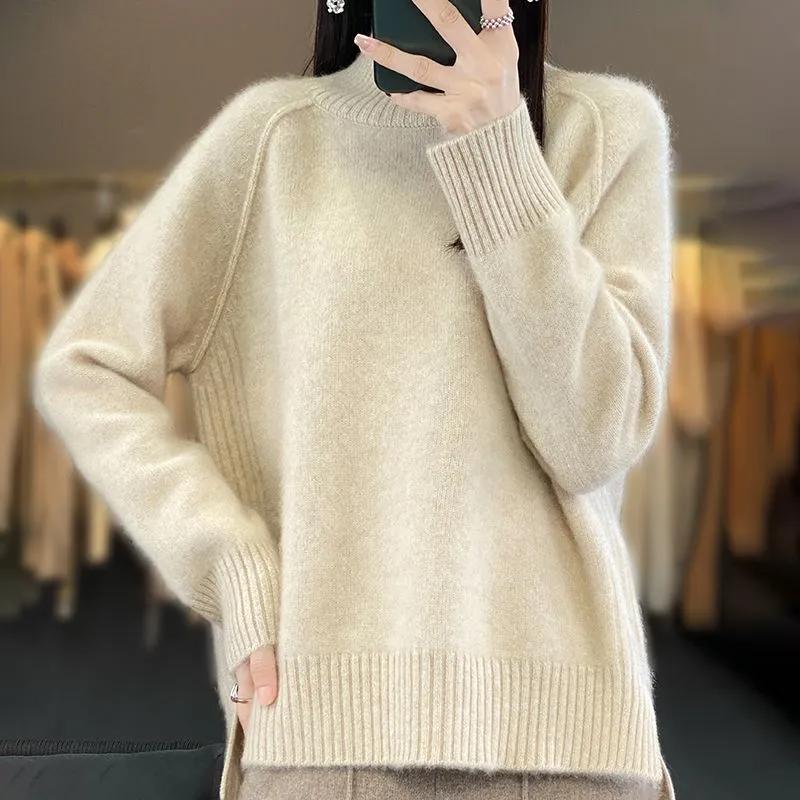 Autumn and Winter  Women's High-Necked Cashmere Sweater Soft Thickened Lazy Raglan Sweater with Slit  Pullover Loose Top