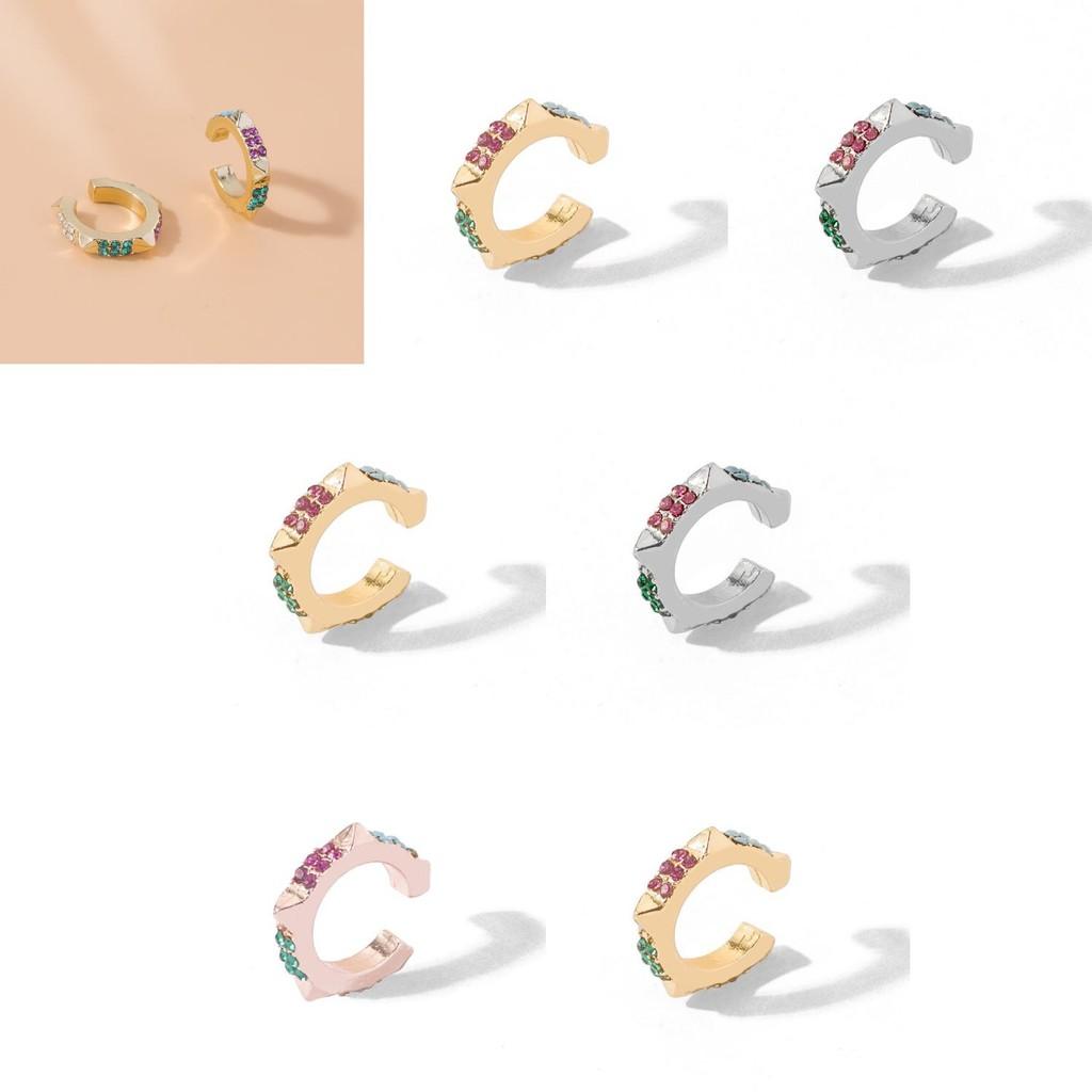 Elegant And Chic Alloy Geometric Earrings Colorful Rhinestone Ear Clips For Fashion Lovers